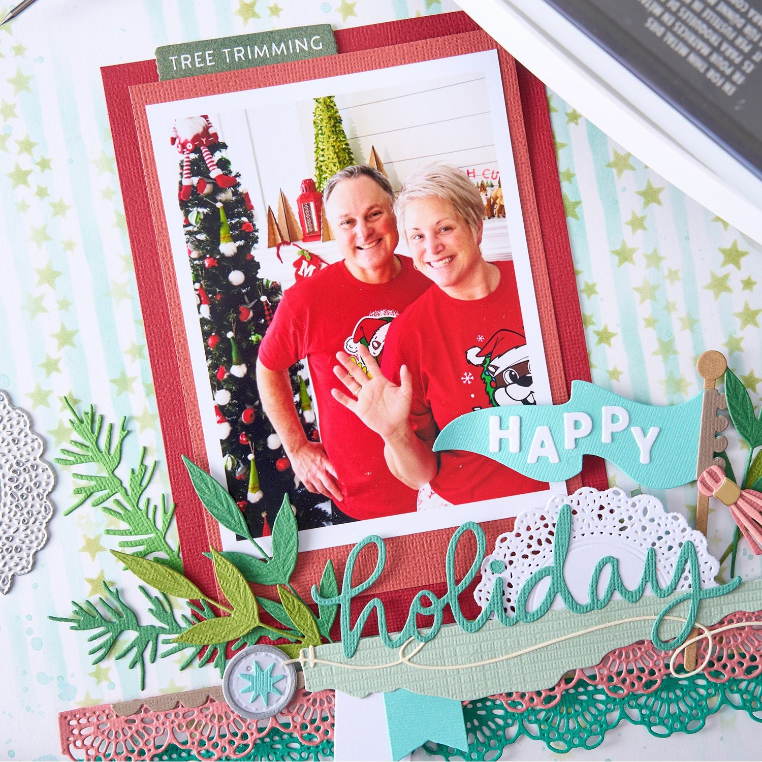 Sizzix Border Clusters Thinlits Dies 667186 happy holidays family scrapbook page