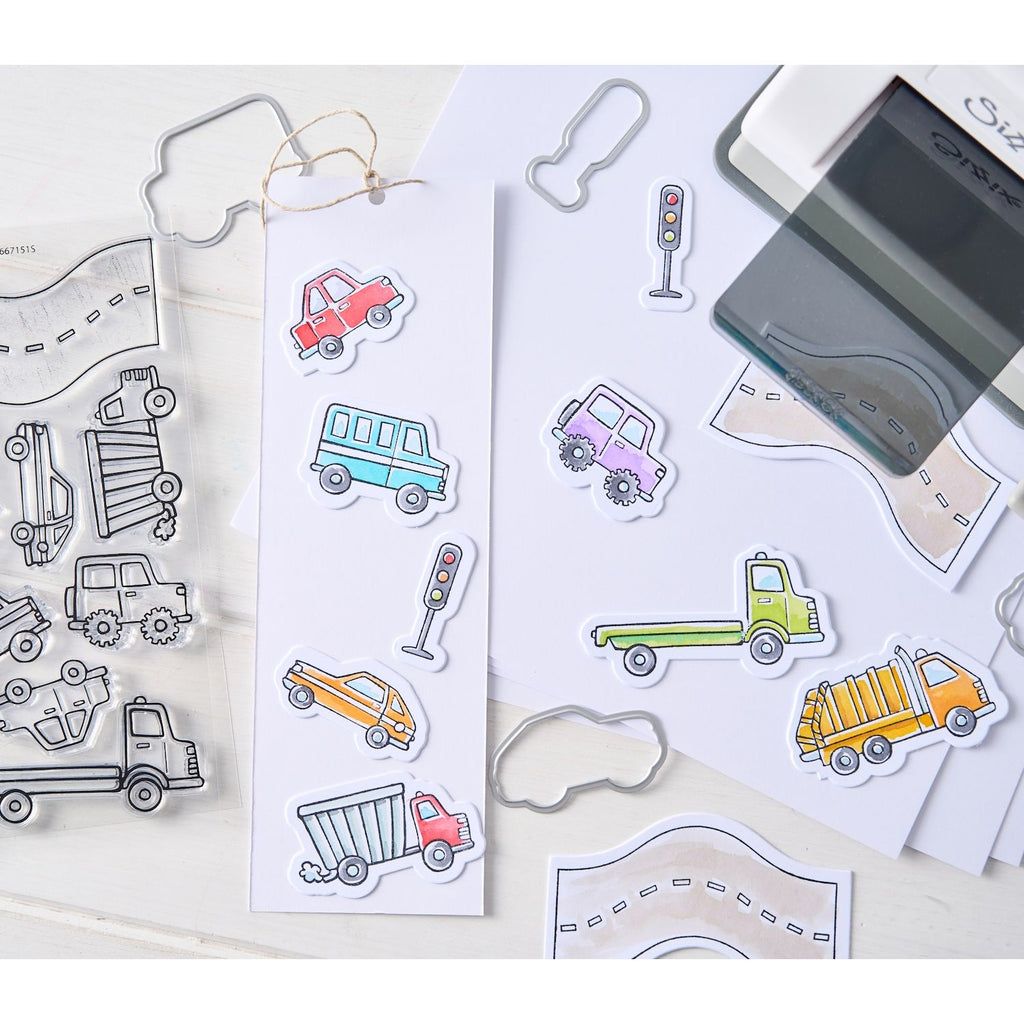 Sizzix Cars and Trucks Framelits Dies and Stamps Set 667151 colorful vehicle samples