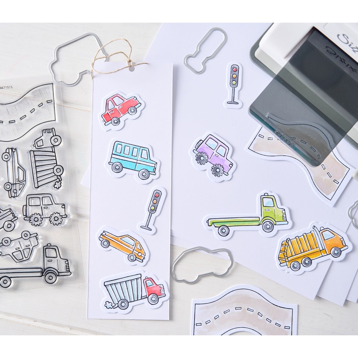 Sizzix Cars and Trucks Framelits Dies and Stamps Set 667151 colorful vehicle samples