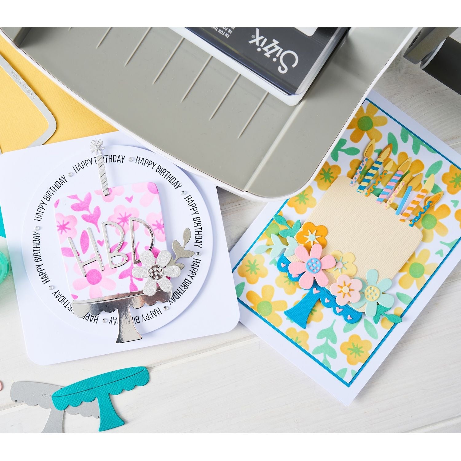 Sizzix Catherine Pooler Let's Eat Cake Thinlits Die Set and Stencils 667129 HBD floral cake cards