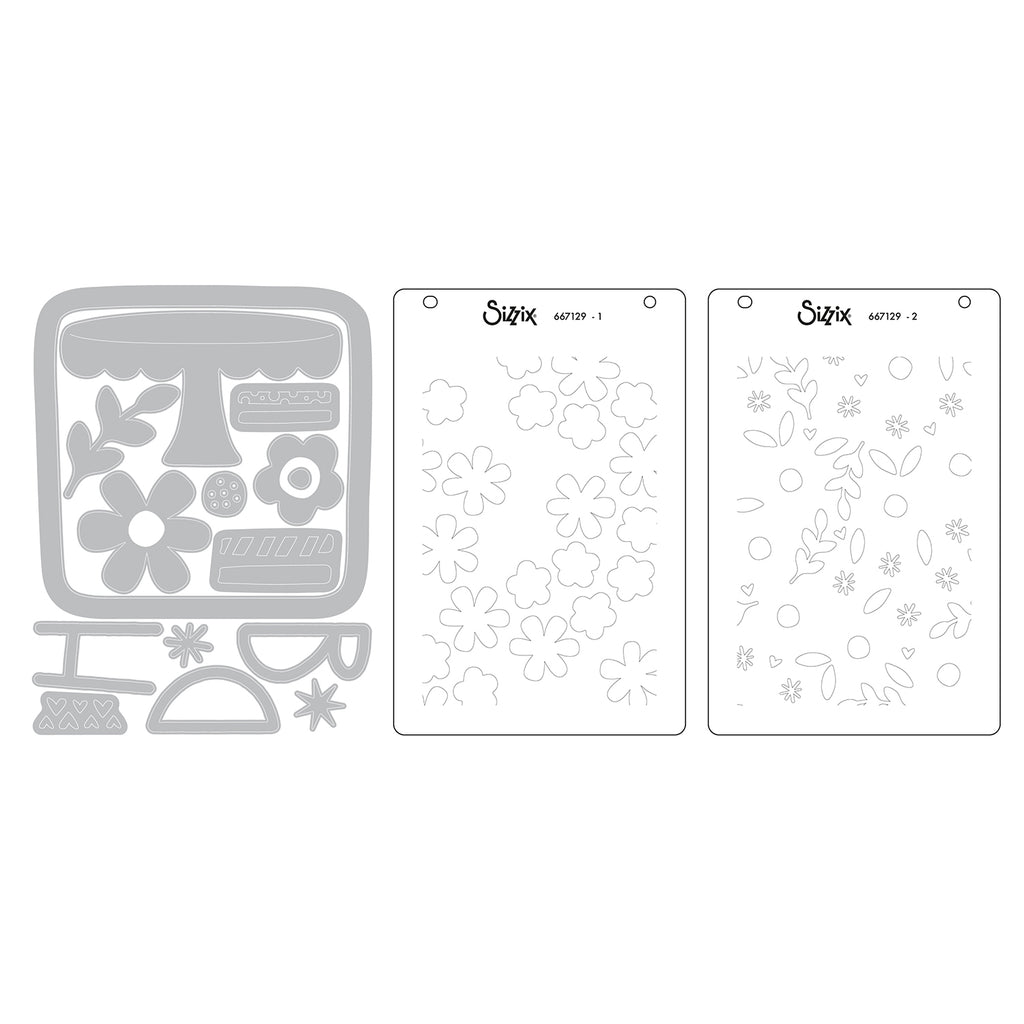 Sizzix Catherine Pooler Let's Eat Cake Thinlits Die Set and Stencils 667129 line art contents