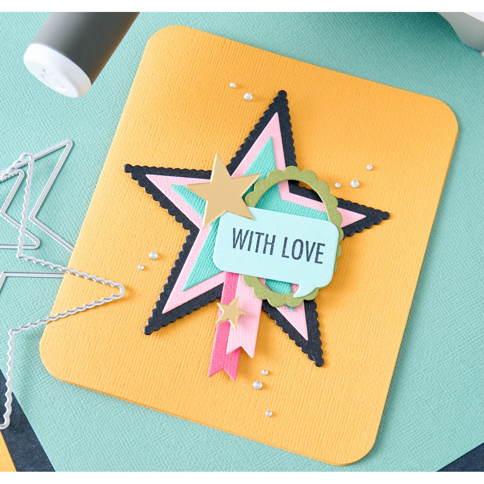 Sizzix Essential Sentiments Clear Stamps Set 667149 layered stars pearls with love card