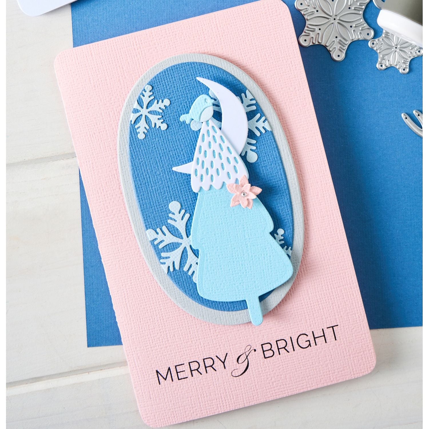 Sizzix Fancy Ovals Framelits Die Set 667146 blue tree with moon and snowflakes merry and bright card