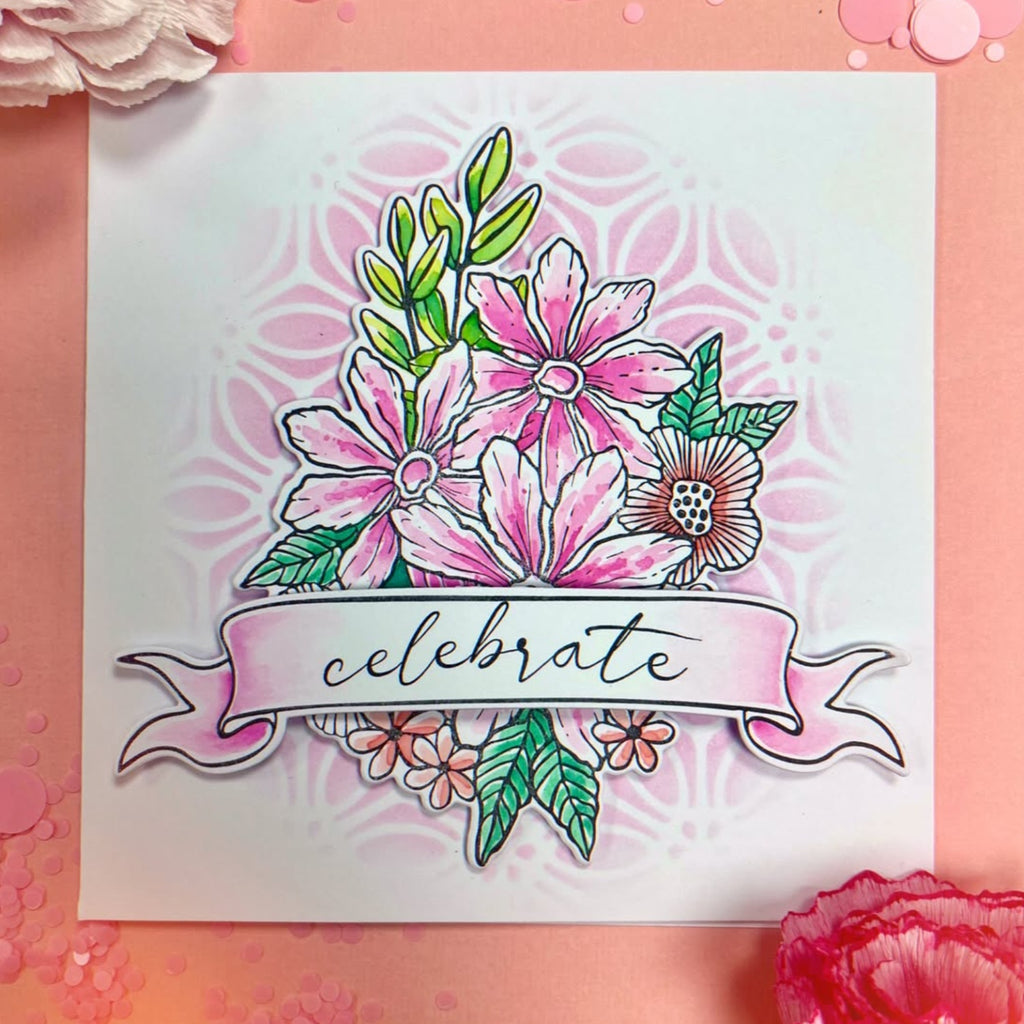 Sizzix Floral Bouquet Framelits Die and Stamp Set 667082 pink flowers