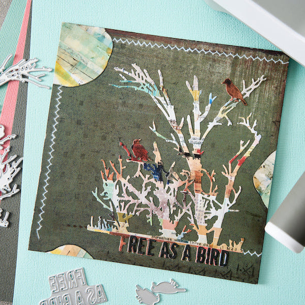 Sizzix Free Bird Thinlits Dies 667213 tree with birds colored moon stitched border card