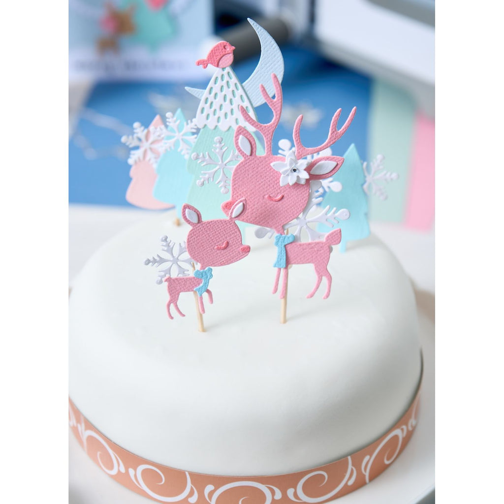 Sizzix Hello Deer Thinlits Die Set 667139 colored trees bird on tree moon snowflakes cake toppers
