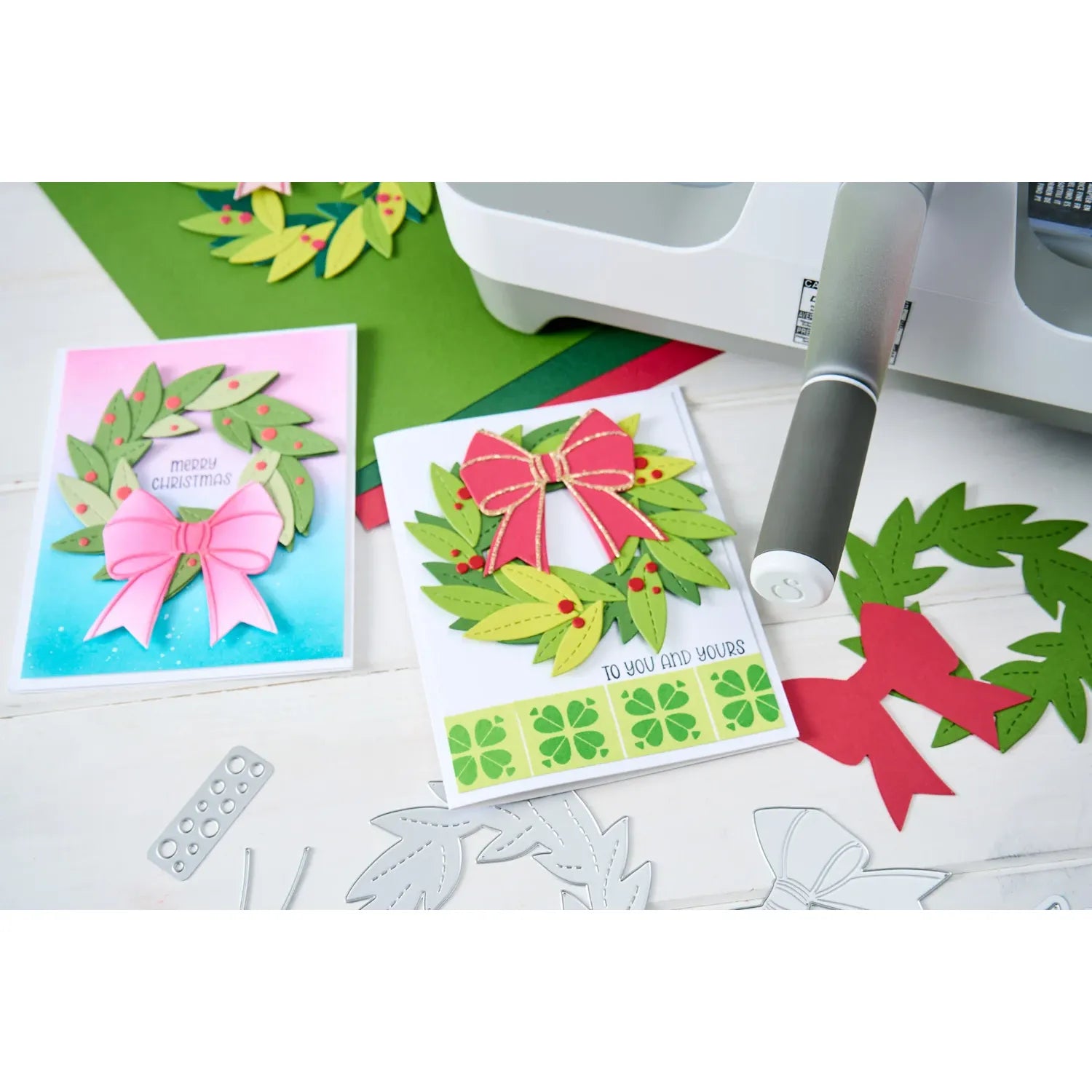 Sizzix Holiday A-door-nment Thinlits Die Set 667168 red and pink bow christmas wreath christmas cards