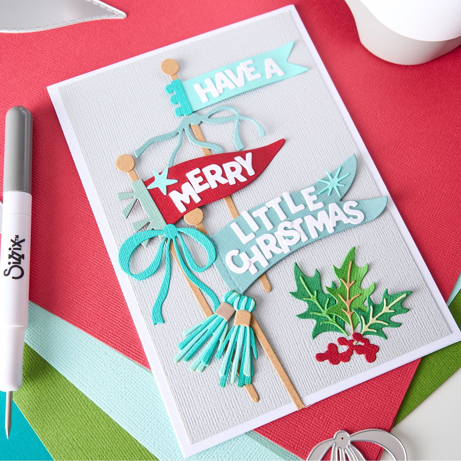 Sizzix Layering Pennant Flags Thinlits Dies 667187 have a very merry christmas sign card