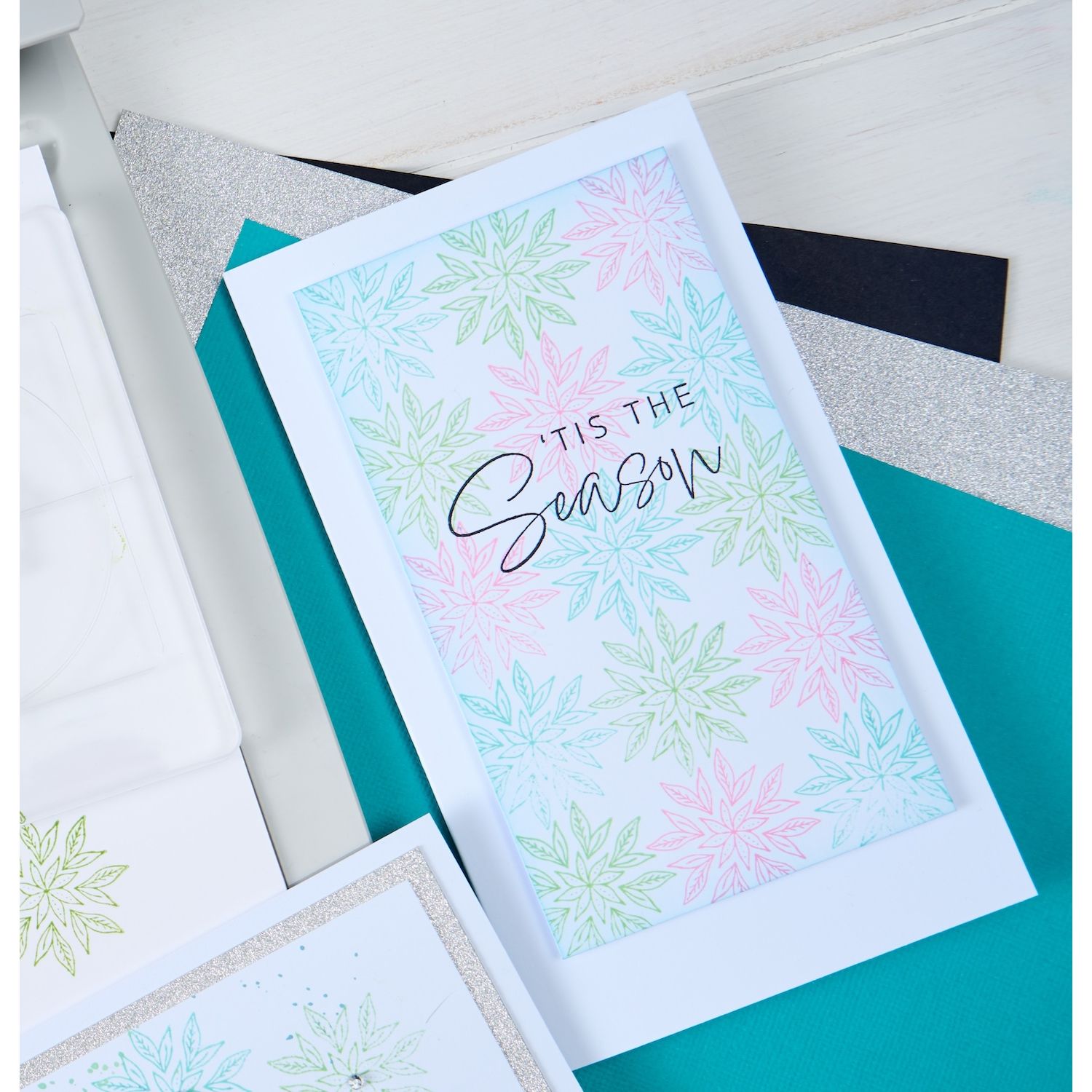 Sizzix Let it Snow Clear Stamps Set 667121 pink green snowflakes tis the season card