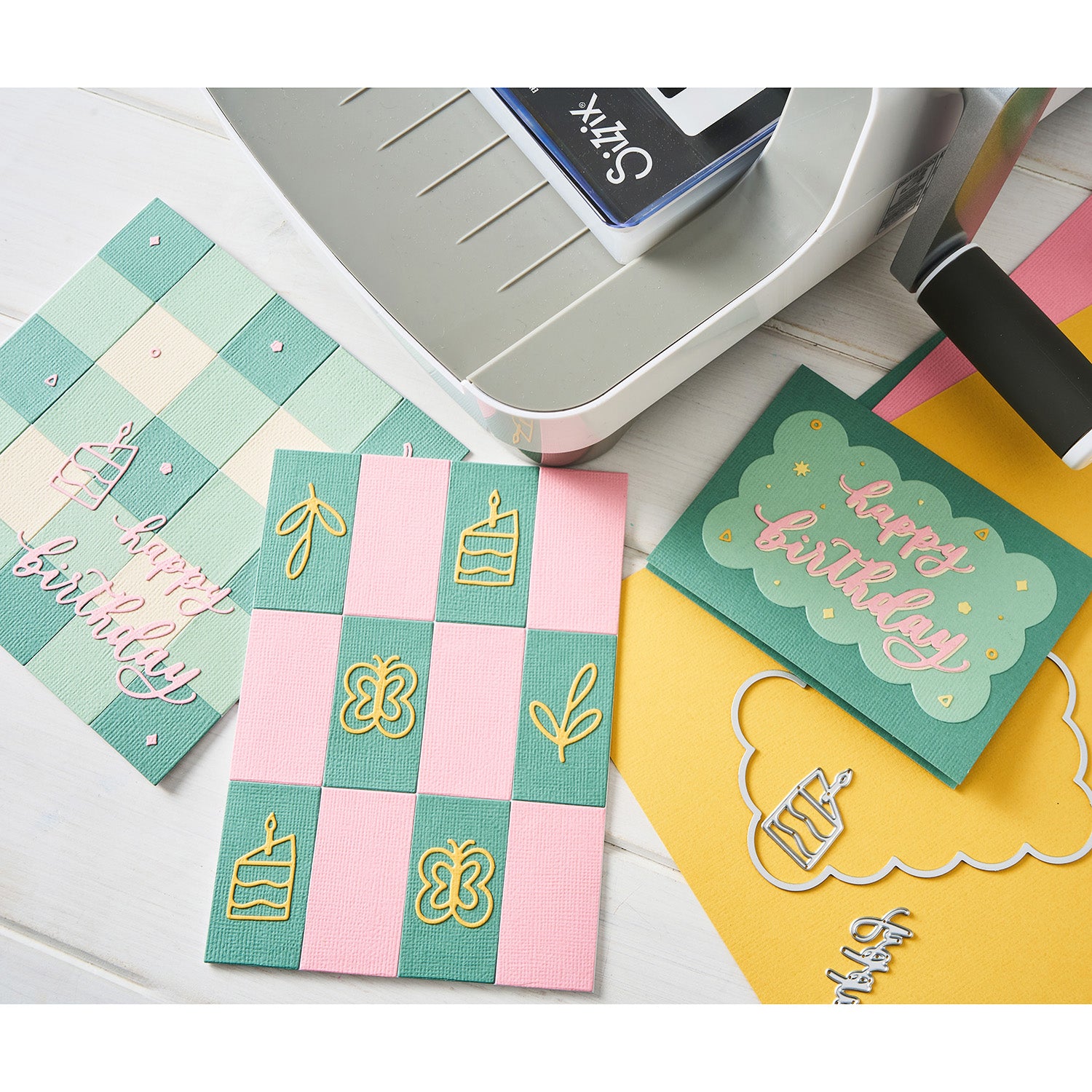 Sizzix Letters By Shells Birthday Doodles Thinlits Die Set 667130 checkered pink and green birthday cards