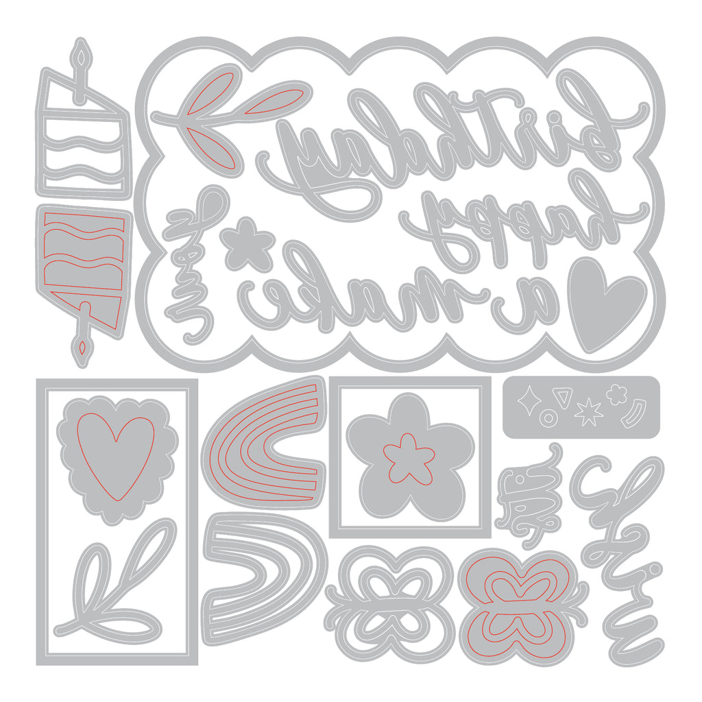 Sizzix Letters By Shells Birthday Doodles Thinlits Die Set 667130 line art