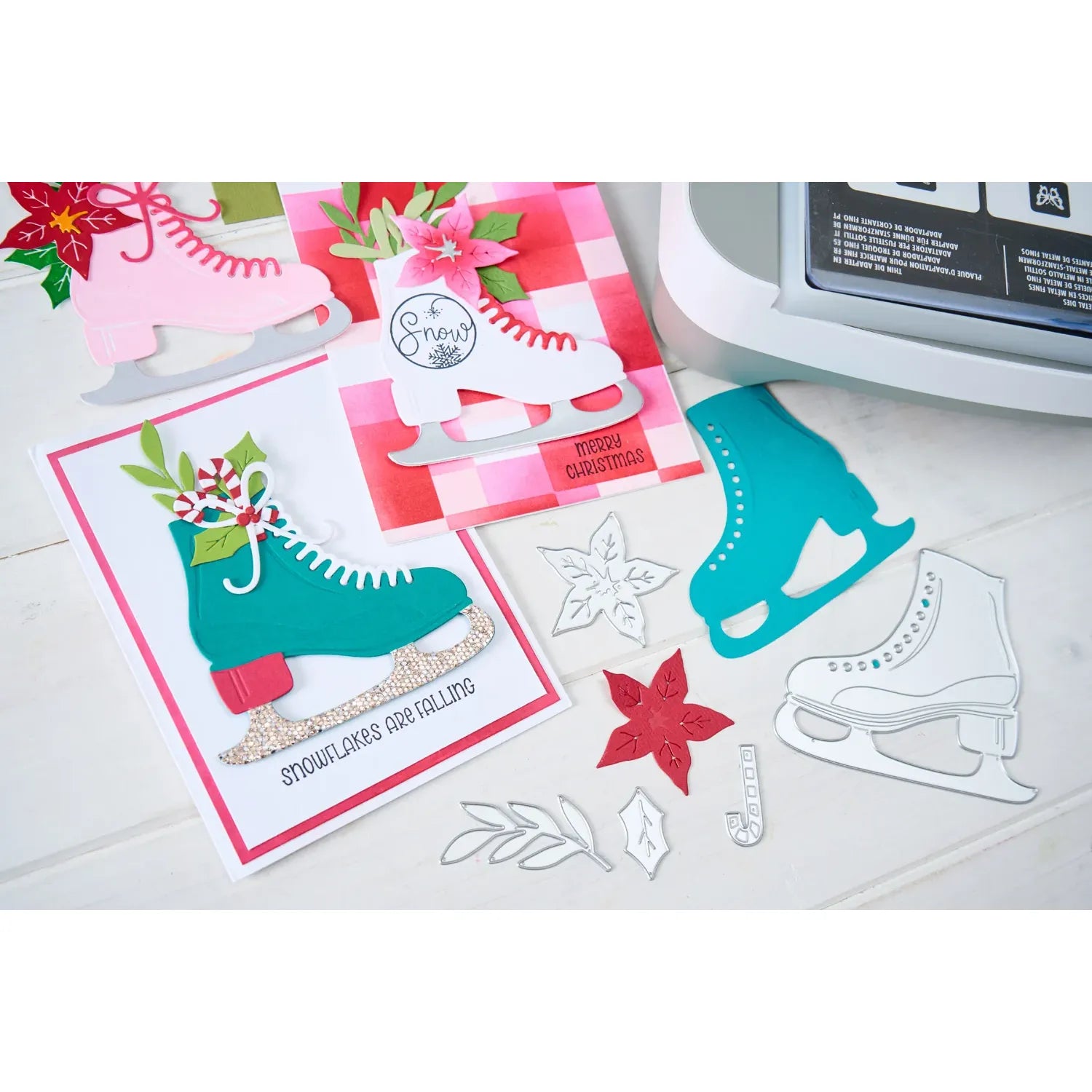 Sizzix On Ice Thinlits Die Set 667167 colored ice skates candy cane christmas cards
