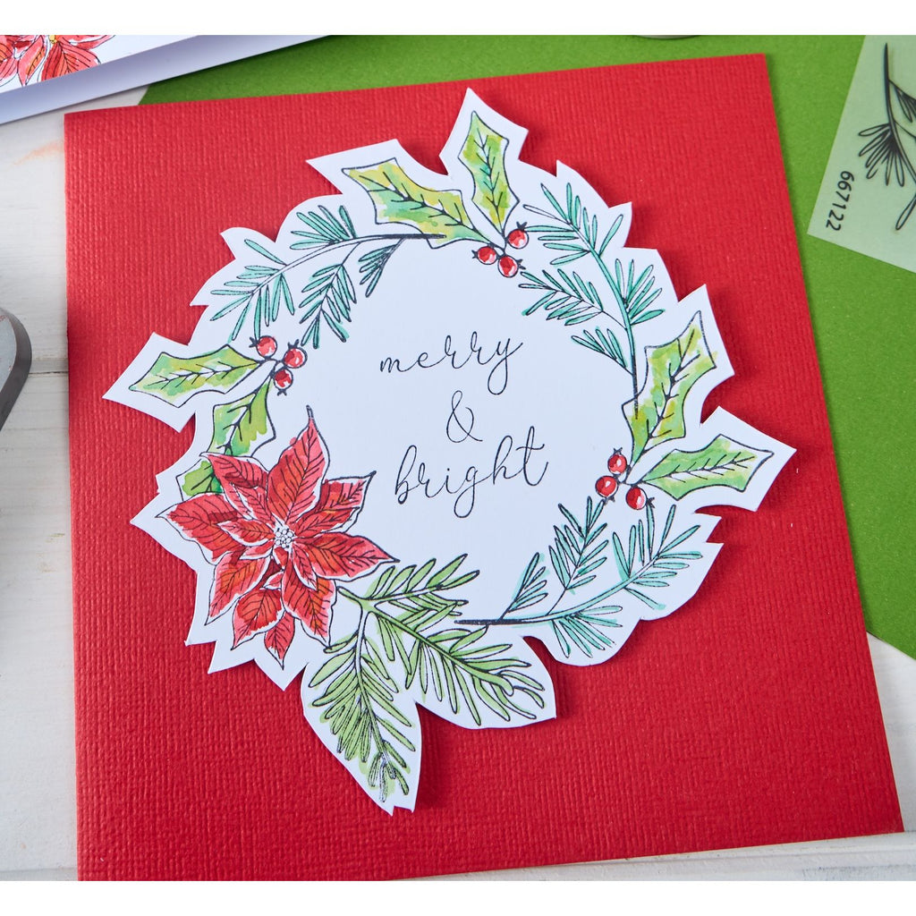 Sizzix Poinsettia and Pine Clear Stamps Set 667122 garland wreath merry and bright card