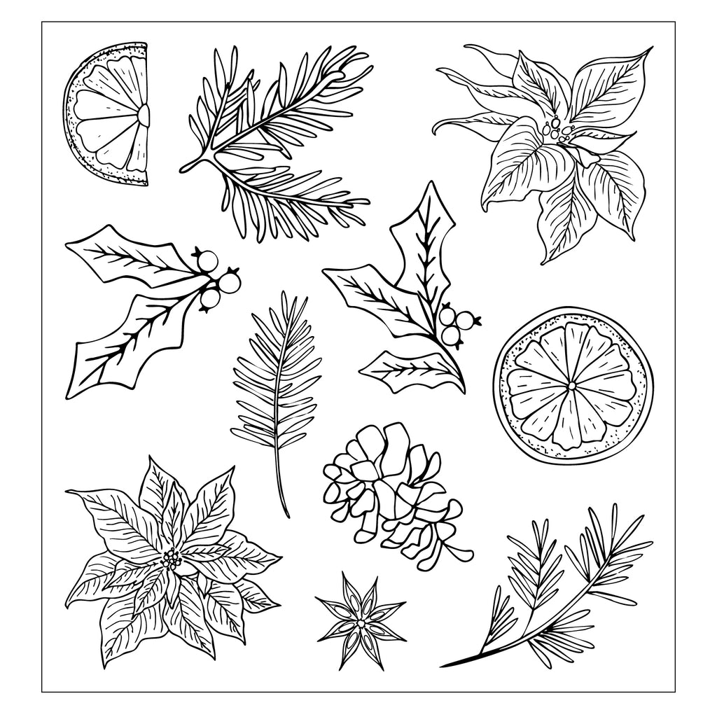Sizzix Poinsettia and Pine Clear Stamps Set 667122 orange