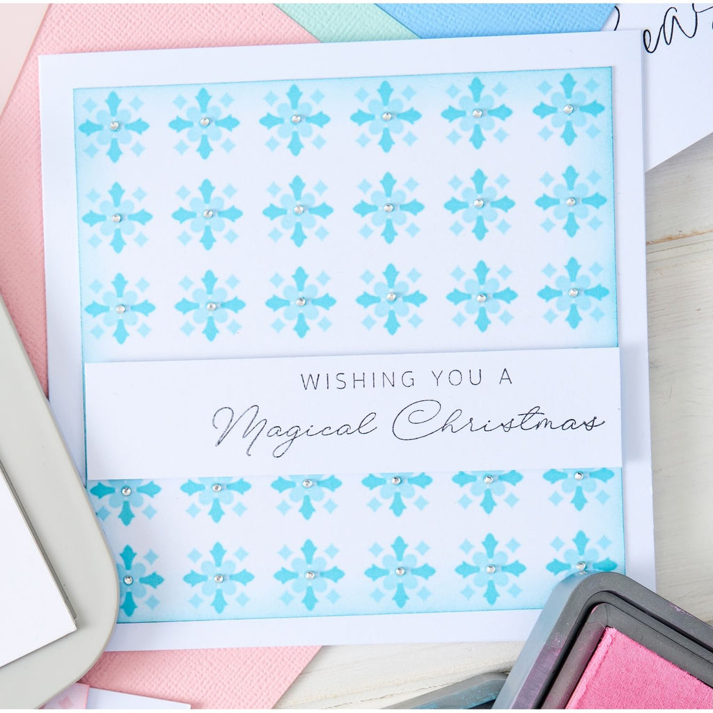 Sizzix Print and Pattern Fanciful Snowflakes Mini Layered Stencils 667124 blue snowflake background magical christmas card