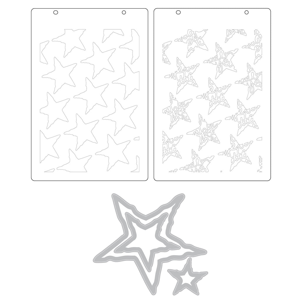 Sizzix Script Layering Stars Stencil and Framelit Die Set 667191 contents inside