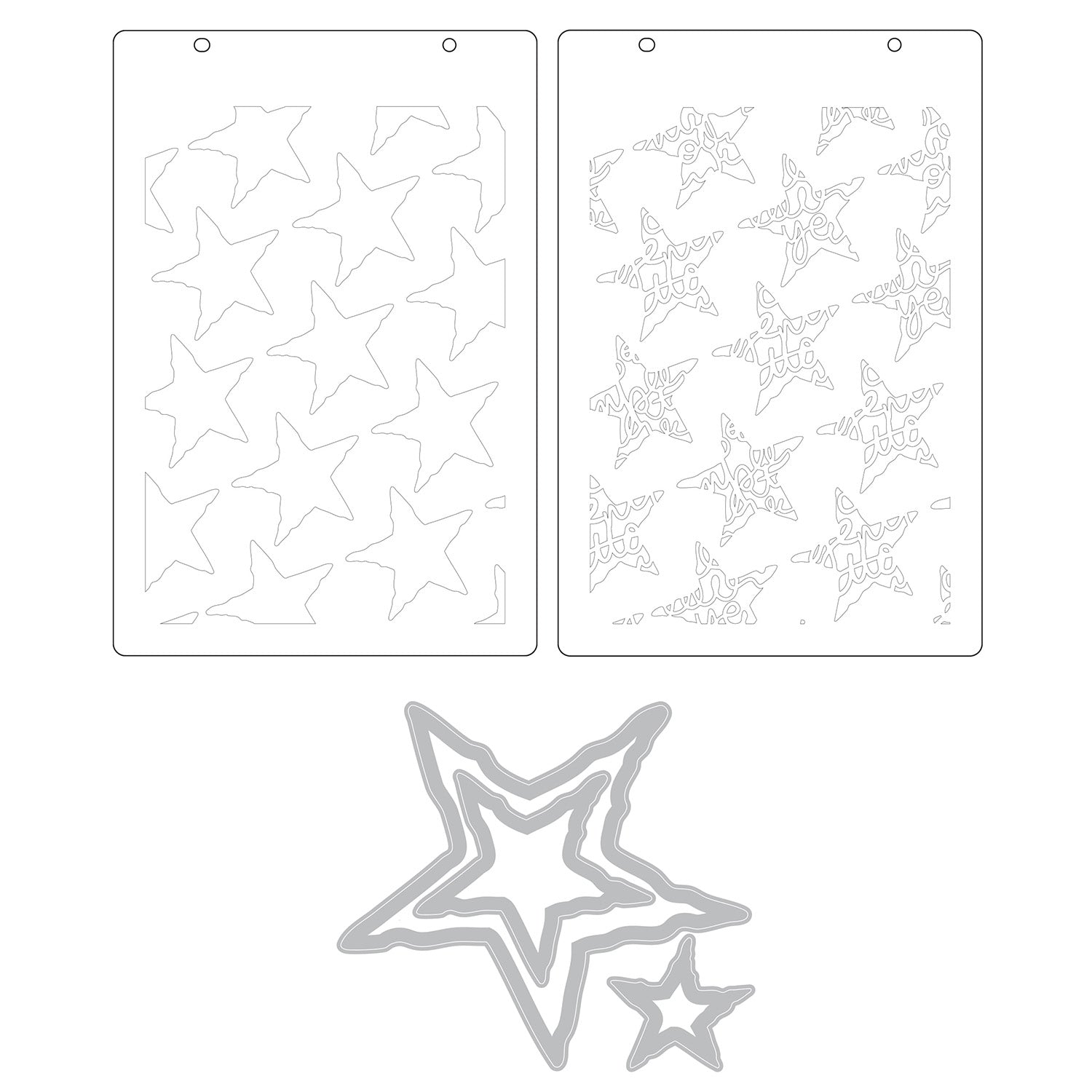 Sizzix Script Layering Stars Stencil and Framelit Die Set 667191 contents inside