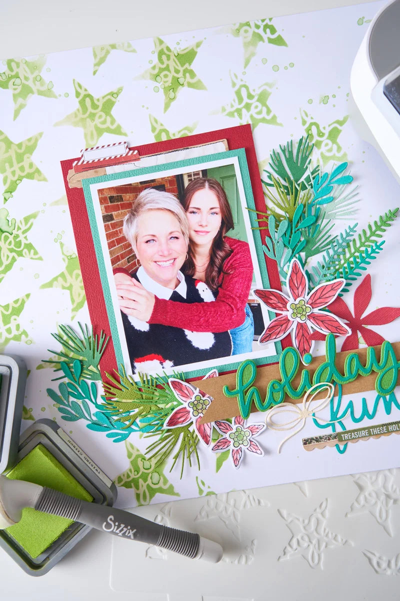 Sizzix Script Layering Stars Stencil and Framelit Die Set 667191 green stars mother and daughter holiday fun card 
