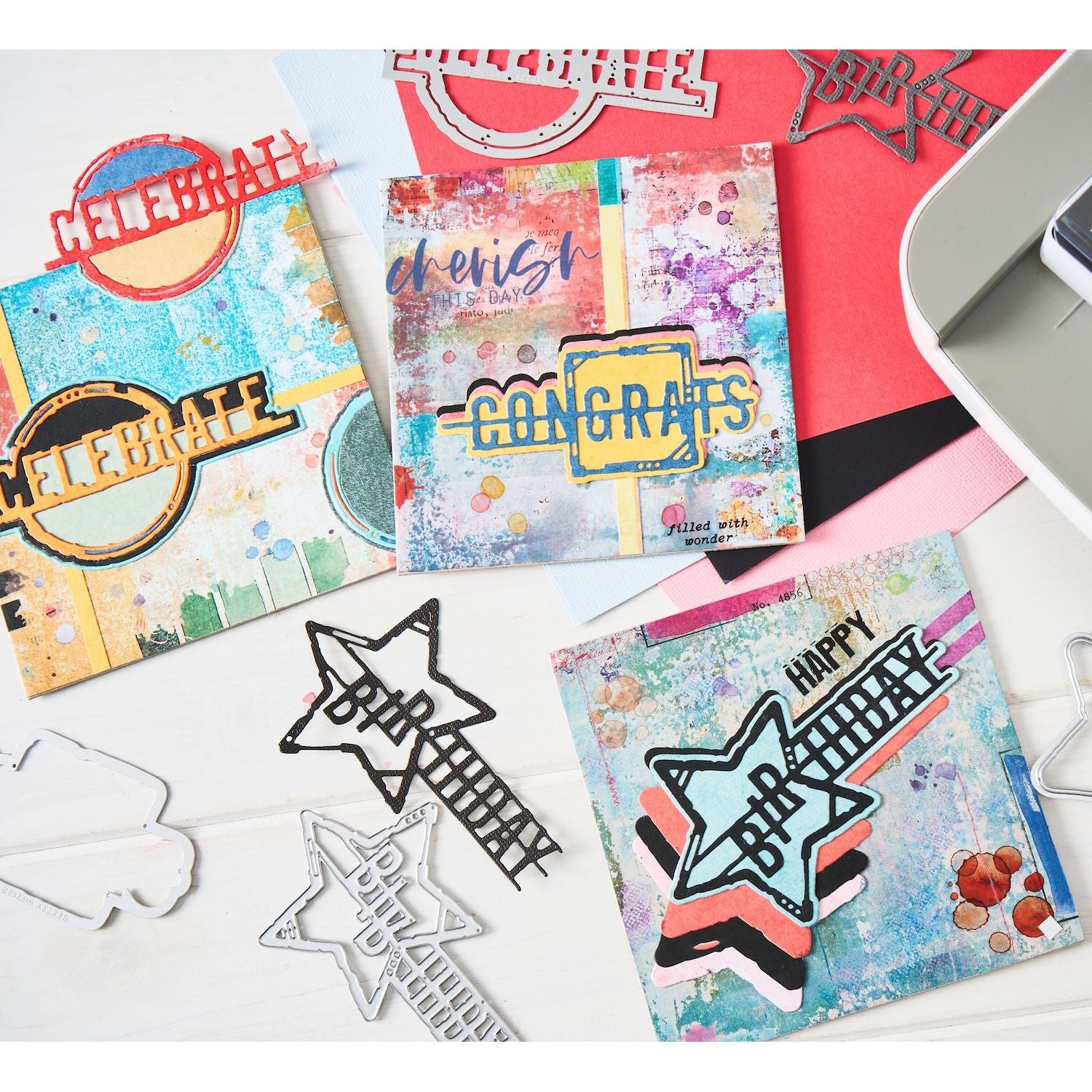 Sizzix Seth Apter Word Wafers Birthday Thinlits Die Set 667132 grungy congrats and birthday cards