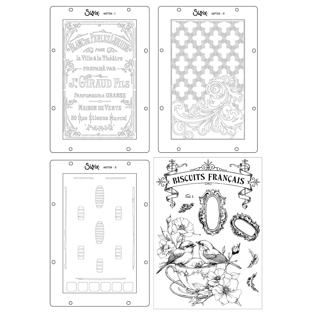 Sizzix Studio Birds and Biscuits Clear Stamps and Stencils 667126 tea cup with birds pink flowers card contents inside