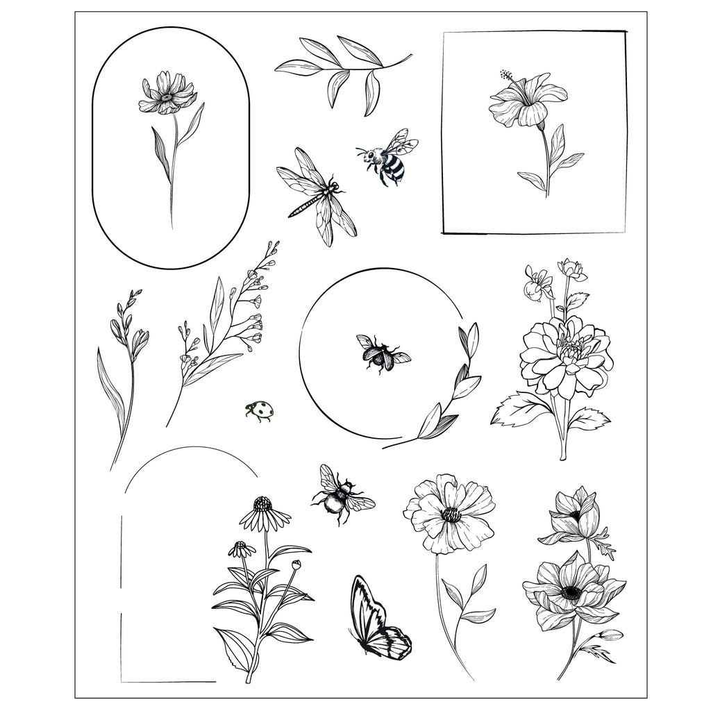 Sizzix Studio Floral Frames and Mini Flowers Clear Stamp Set 666925 pieces