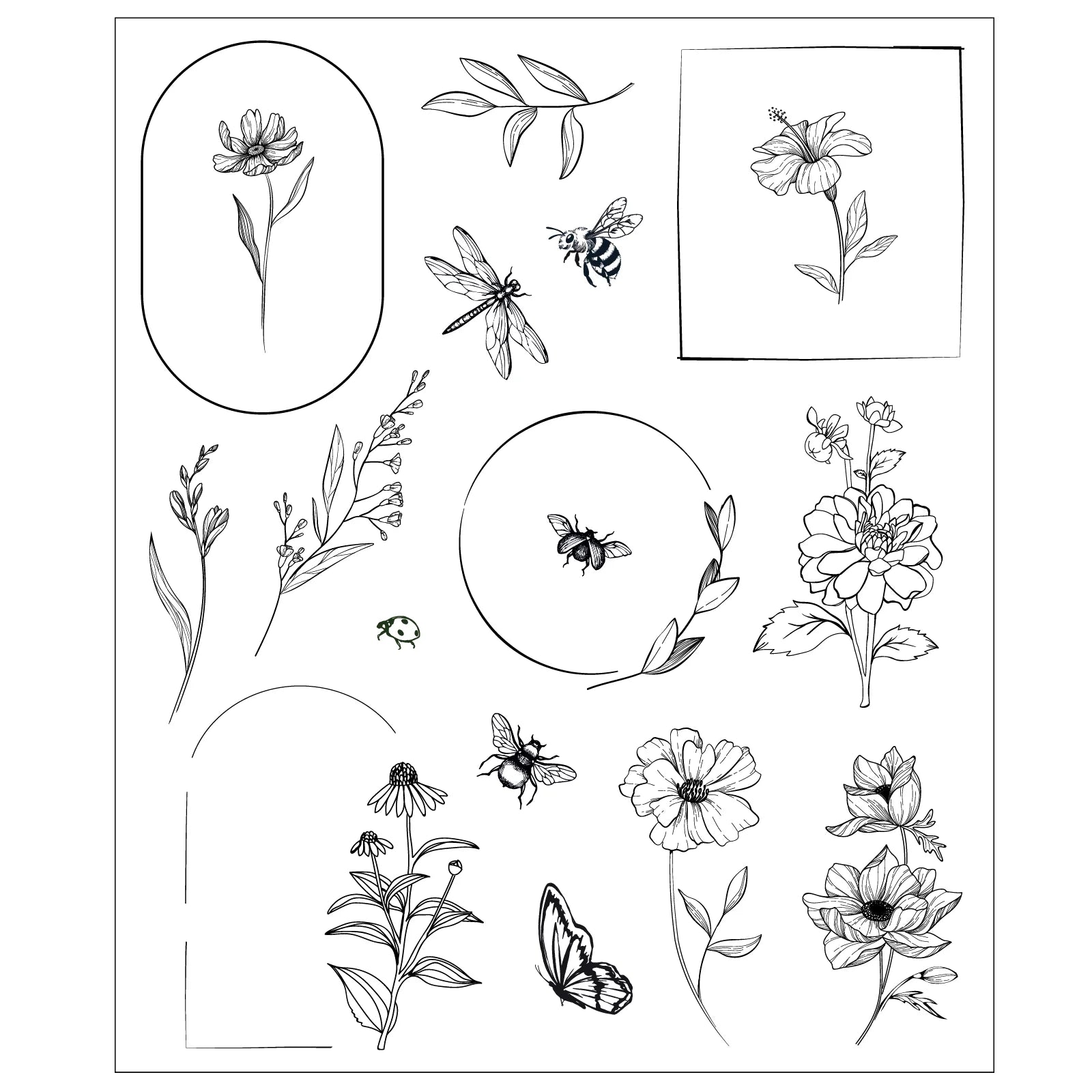 Sizzix Studio Floral Frames and Mini Flowers Clear Stamp Set 666925 pieces
