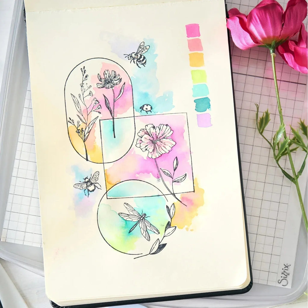 Sizzix Studio Floral Frames and Mini Flowers Clear Stamp Set 666925 watercolor