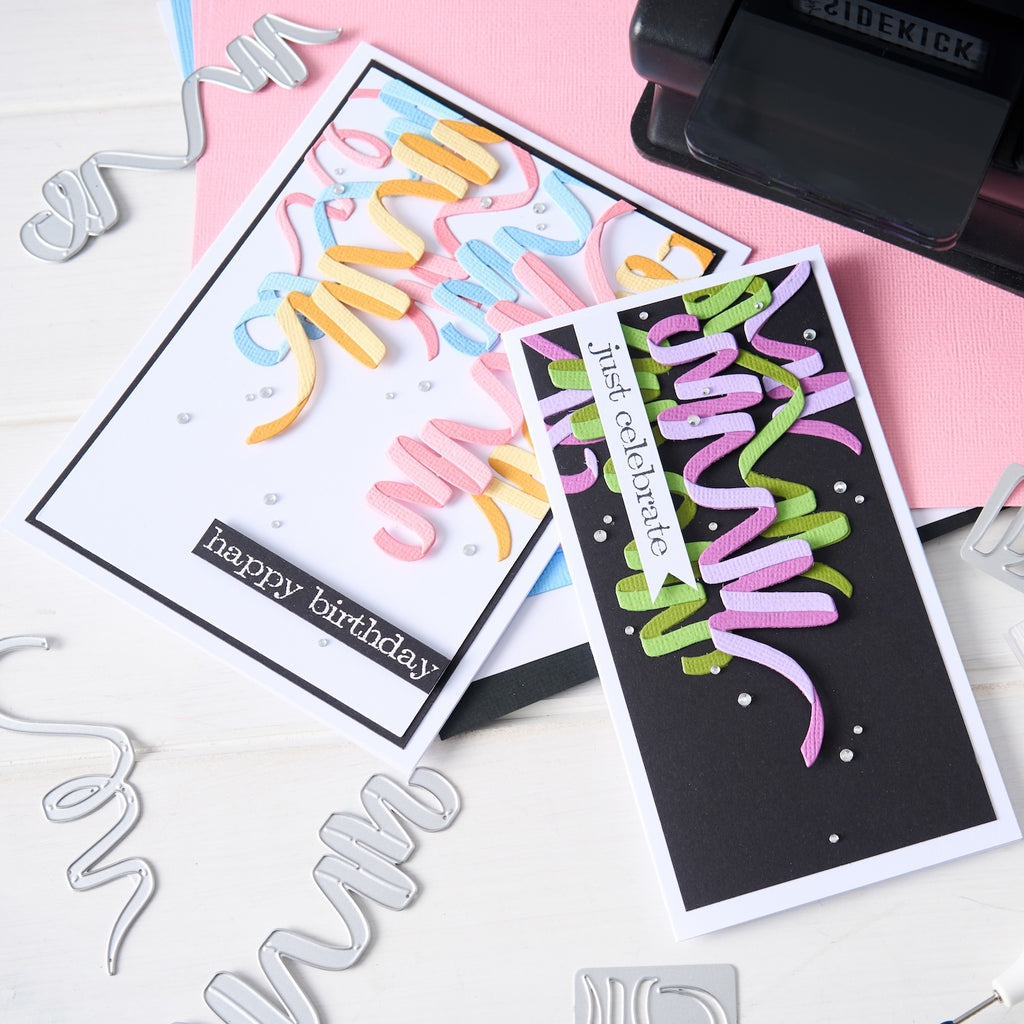 Sizzix Tim Holtz Celebration Streamers Thinlits Die Set 667209 just celebrate birthday cards