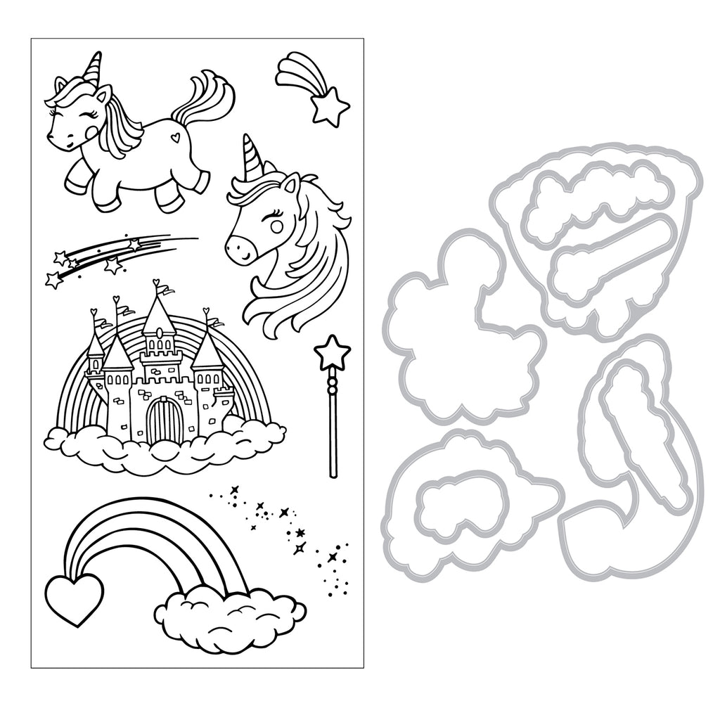 Sizzix Unicorns and Rainbows Framelits Dies and Stamps Set 667154 contents inside