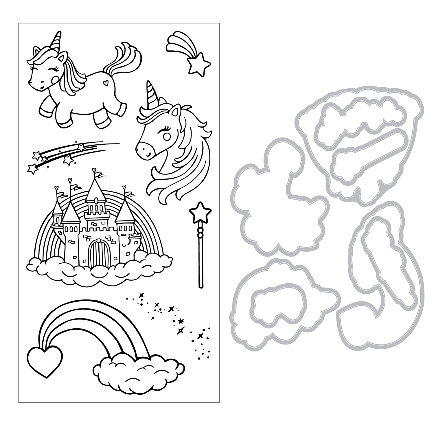 Sizzix Unicorns and Rainbows Framelits Dies and Stamps Set 667154 contents inside