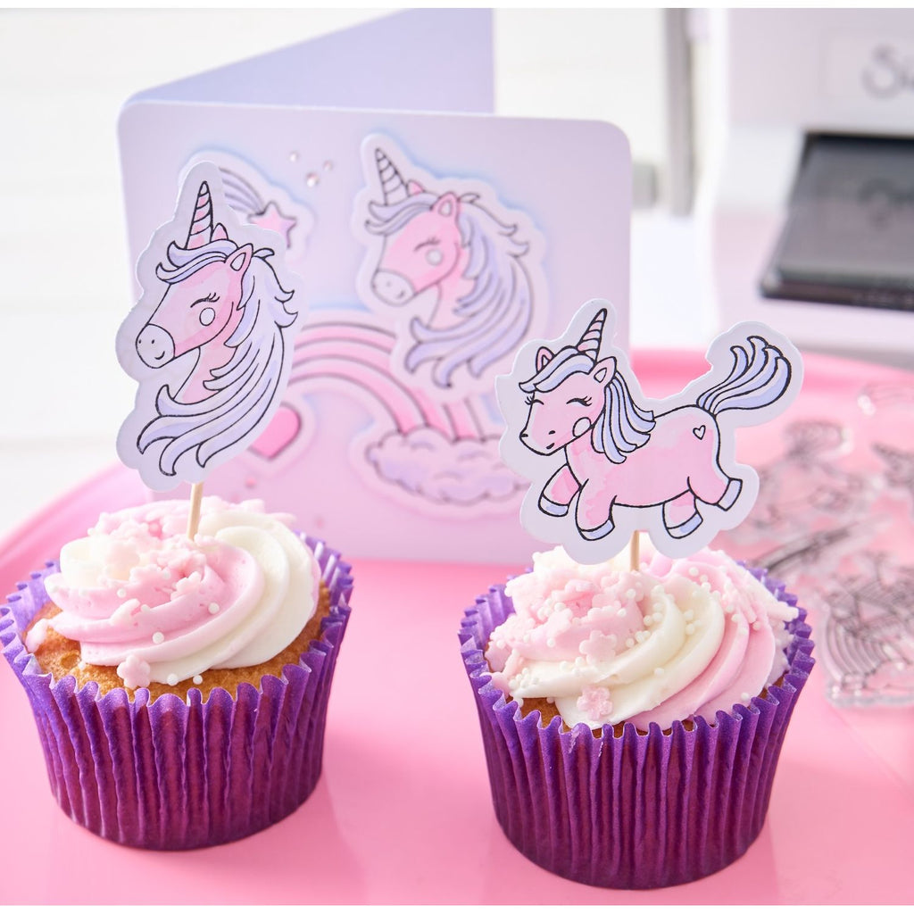 Sizzix Unicorns and Rainbows Framelits Dies and Stamps Set 667154 unicorn topper on cupcake