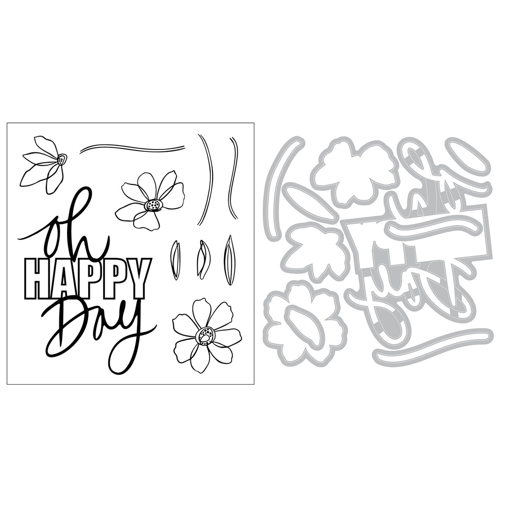 Sizzix Vicki Boutin Oh Happy Day Clear Stamps and Framelits Die Set 667134 line art contents