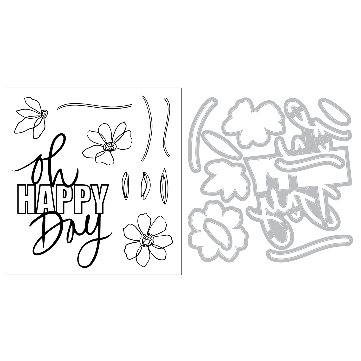 Sizzix Vicki Boutin Oh Happy Day Clear Stamps and Framelits Die Set 667134 line art contents