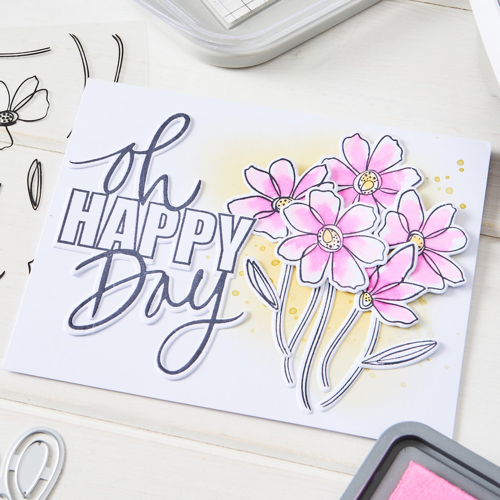 Sizzix Vicki Boutin Oh Happy Day Clear Stamps and Framelits Die Set 667134 pink flowers birthday card