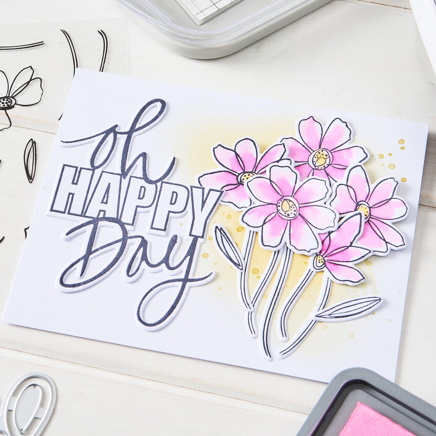Sizzix Vicki Boutin Oh Happy Day Clear Stamps and Framelits Die Set 667134 pink flowers birthday card
