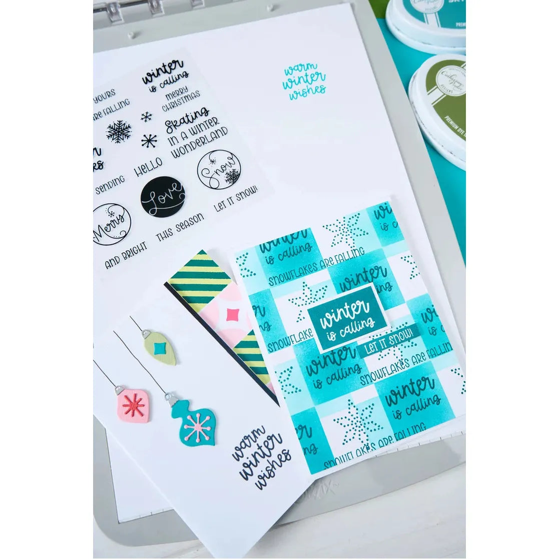 Sizzix Warm Winter Wishes Sentiments Clear Stamps Set 667172 hanging ornaments winter is calling cards