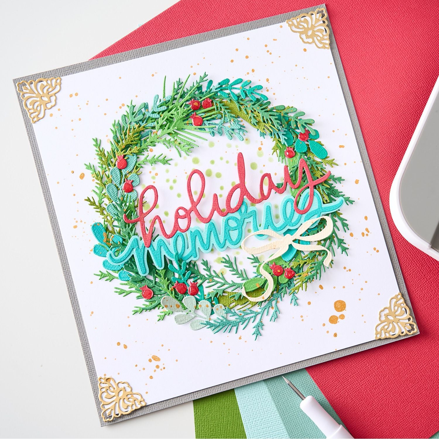 Sizzix Winter Greenery Clear Stamp and Framelit Die Set 667188 holiday memories wreath card