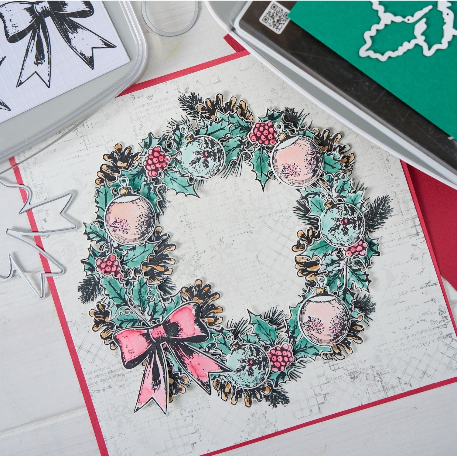 Sizzix and 49 and Market Build a Wreath Clear Stamps and Framelits Dies 667175 ornaments berries red bow card