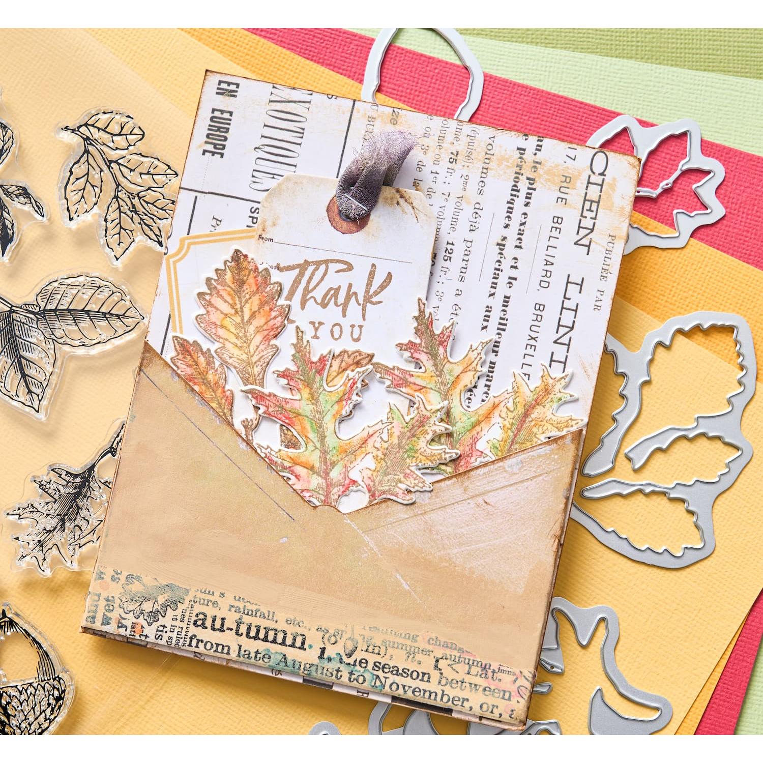 Sizzix and 49 and Market Forever Leaves Die and Stamp Set 666706 thank you
