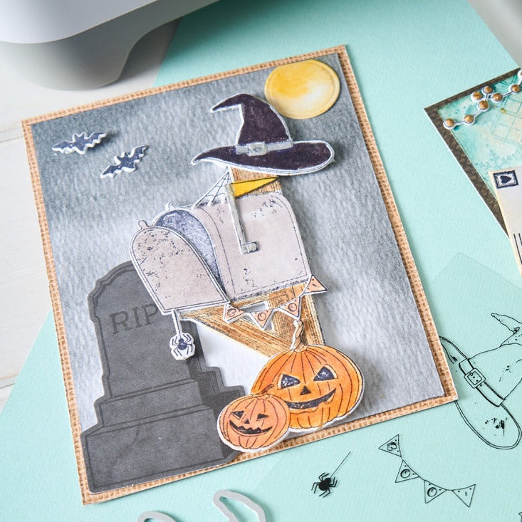 Sizzix and 49 and Market Holiday Drop Clear Stamps and Framelits Dies 667178 halloween mailbox card