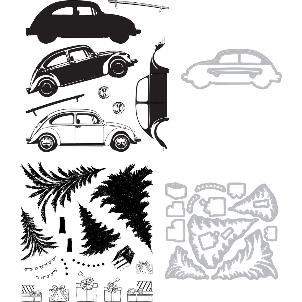 Sizzix and 49 and Market Journey Home Trees and Trinkets Stamp and Die Bundle line art