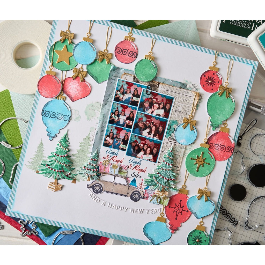Sizzix and 49 and Market Journey Home Trees and Trinkets Stamp and Die Bundle ornaments