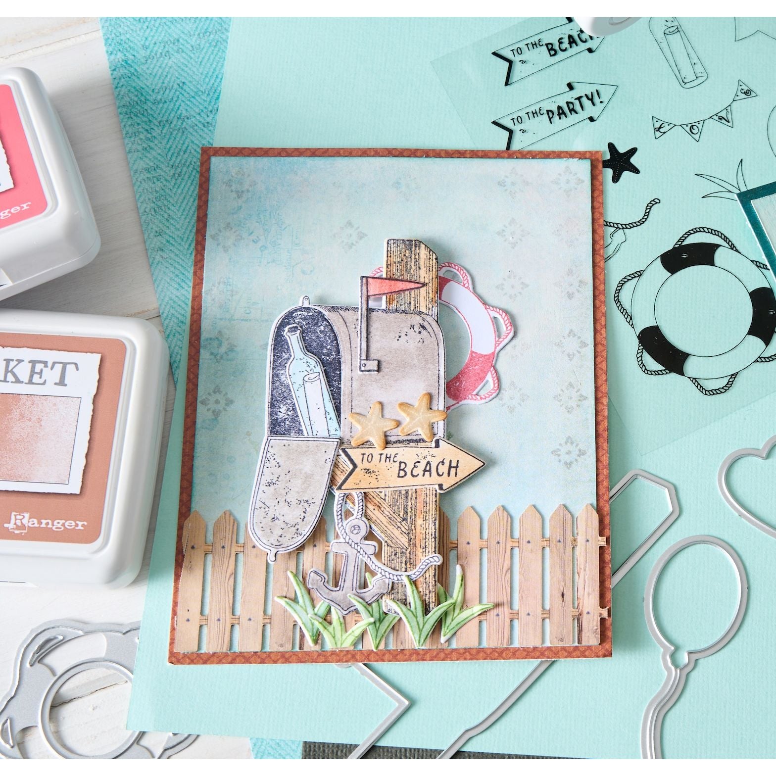 Sizzix and 49 and Market Letter Drop Clear Stamps and Framelits Dies Bundle anchor star fish message in a bottle card