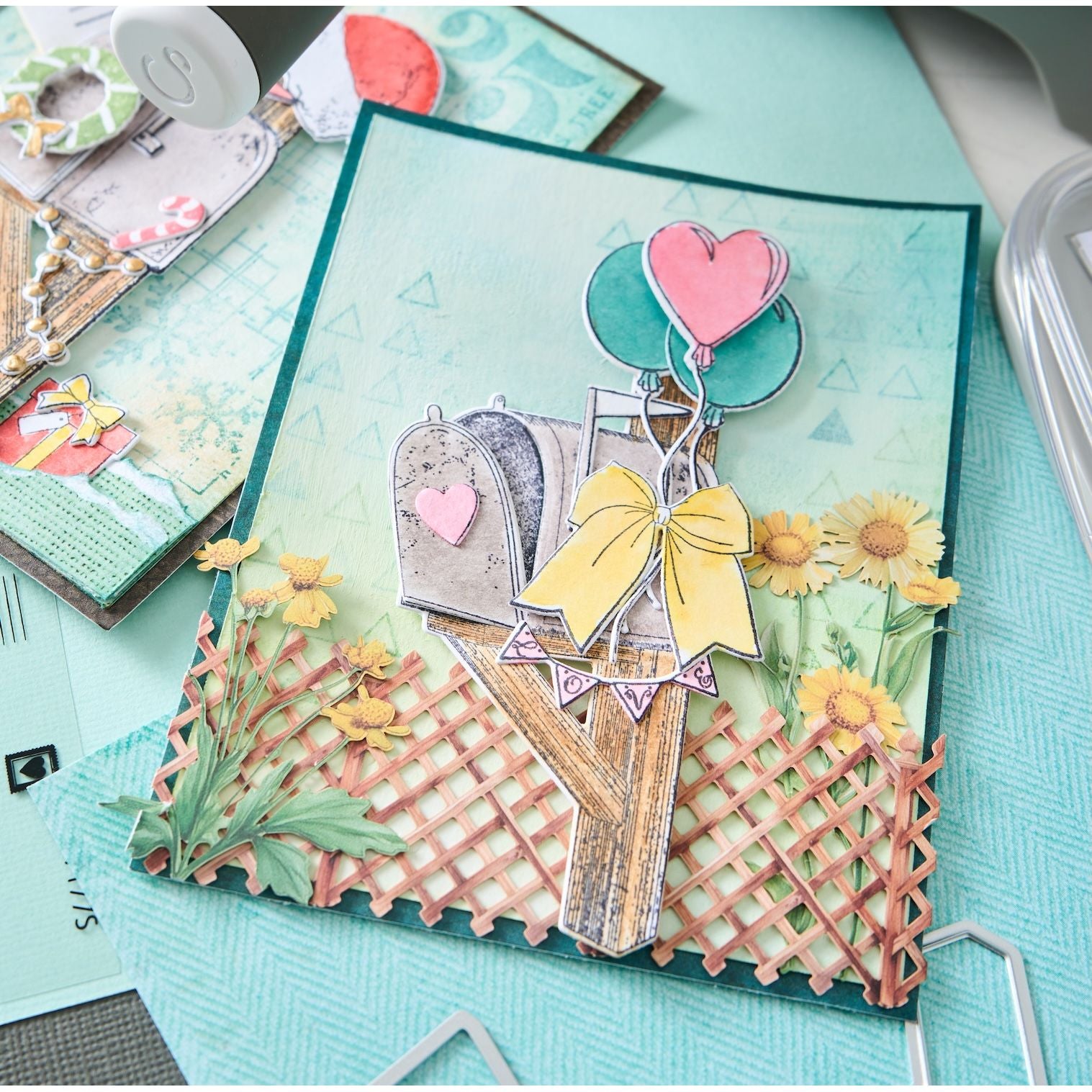 Sizzix and 49 and Market Letter Drop Clear Stamps and Framelits Dies Bundle balloons pink heart bow on mailbox card