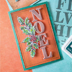 Sizzix and 49 and Market Lino Type Clear Stamps Set 667184 garland orange background noel card