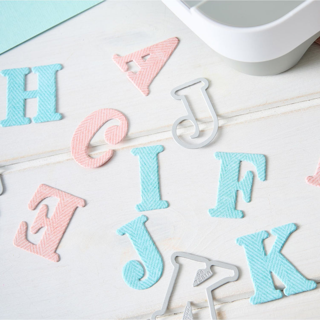 Sizzix and 49 and Market Lino Type Revival Thinlits Dies and Stamp Bundle blue and pink letters