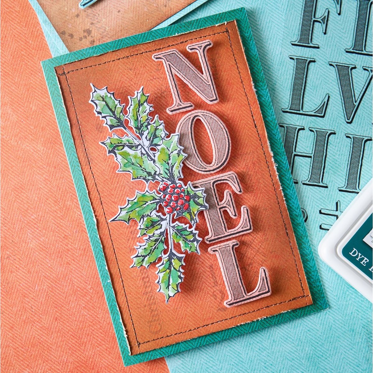 Sizzix and 49 and Market Lino Type Revival Thinlits Dies and Stamp Bundle garland berries noel card