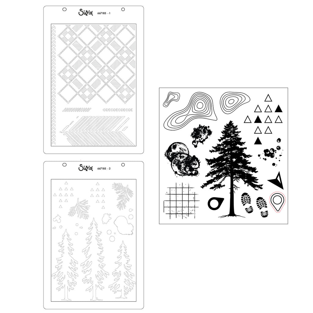 Sizzix and 49 and Market Outdoor Essentials Clear Stamps and Stencils 667185 contents inside