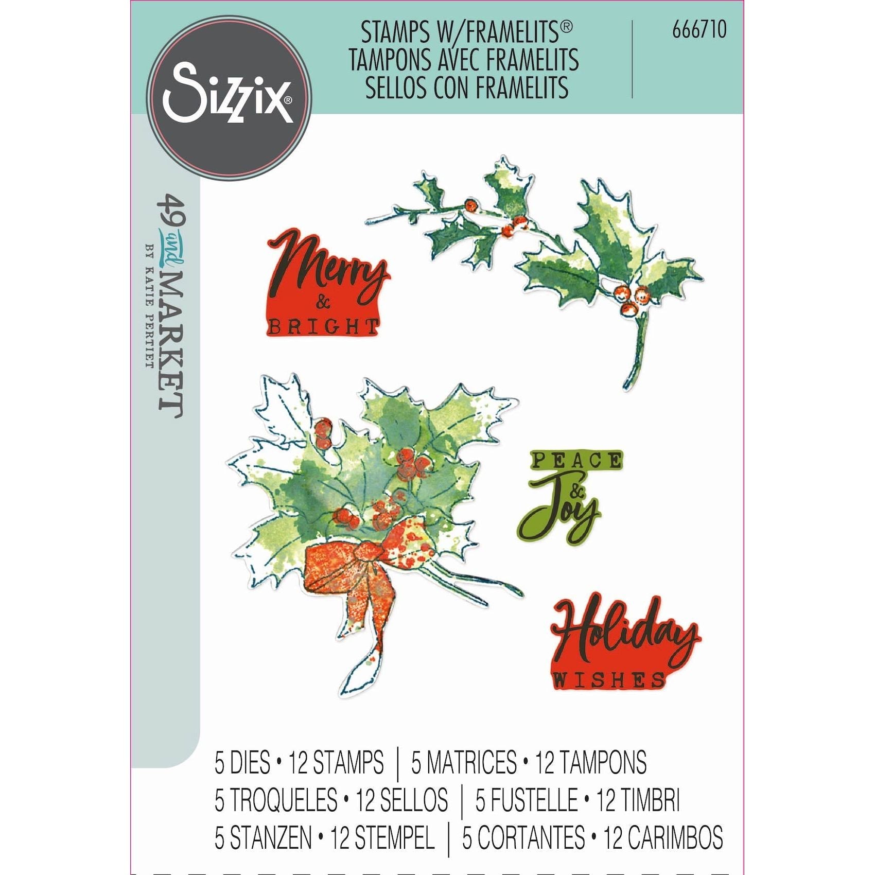 Sizzix and 49 and Market Pencil Line Holly Die and Stamp Set 666710
