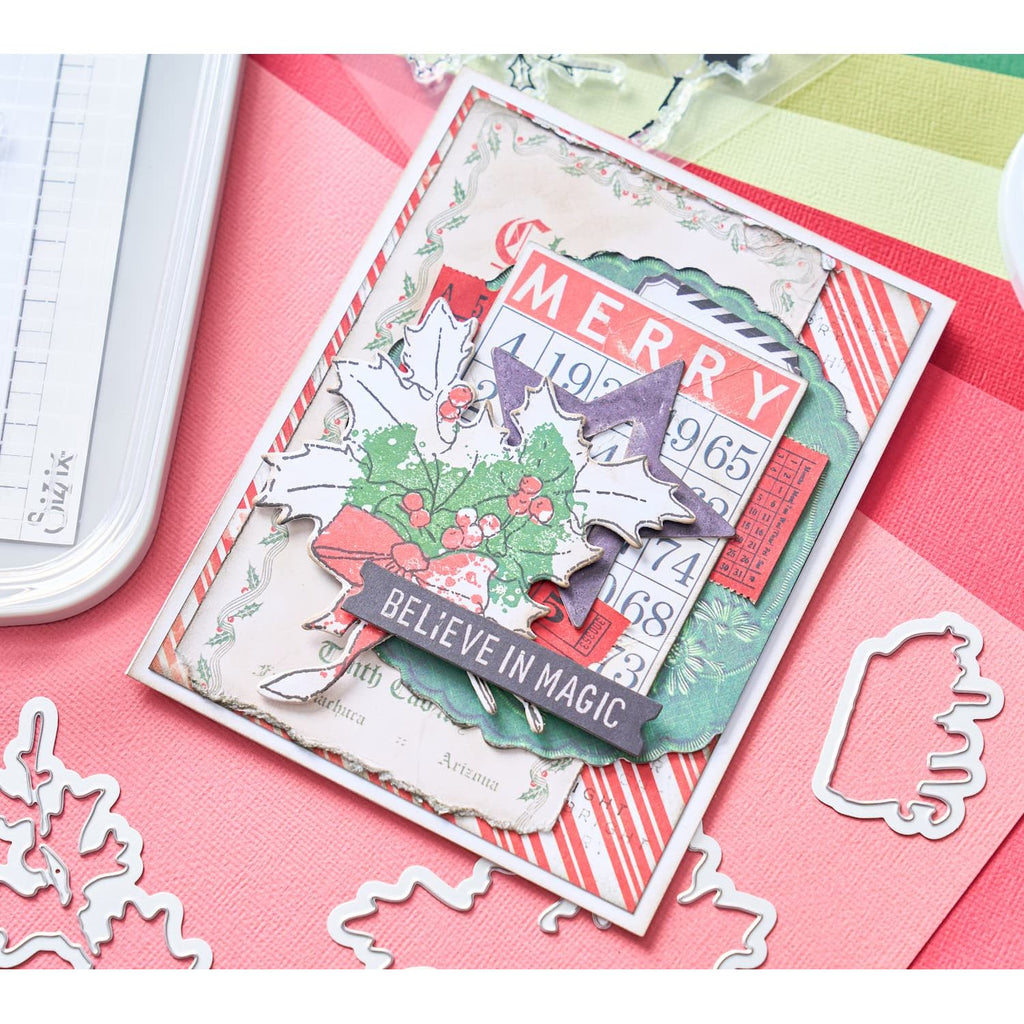 Sizzix and 49 and Market Pencil Line Holly Die and Stamp Set 666710 believe